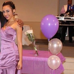 Floor length strapless lavender pleated dress